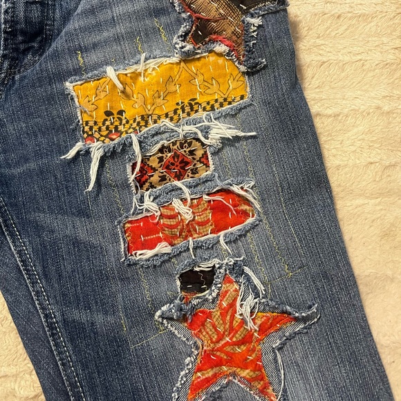 Upcycled One-Of-A-Kind Patchwork Denim Jorts with Star Patches - Picture 5 of 6